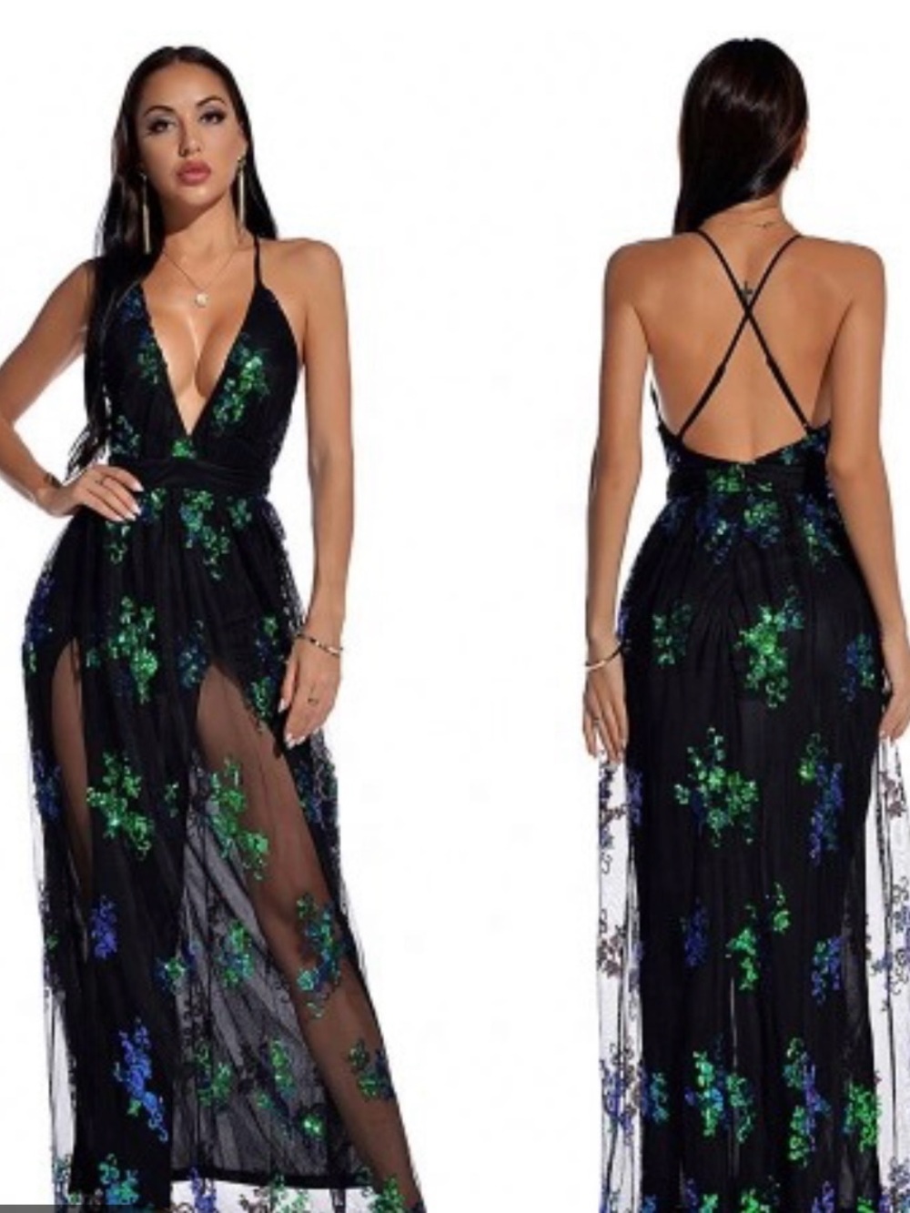 Empire Black Mesh & Green Blue iridescent Sequin Long Maxi Dress Sz M-NWOT